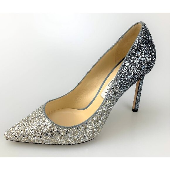 NIB Jimmy Choo Silver and Dusk Blue  Glitter Fabric Pumps Size 39 - Picture 4 of 13
